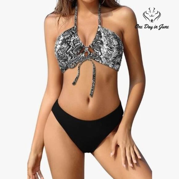 Shekini Halter Cutout Snake Skin Bikini Swimsuit Size M - Picture 1 of 6